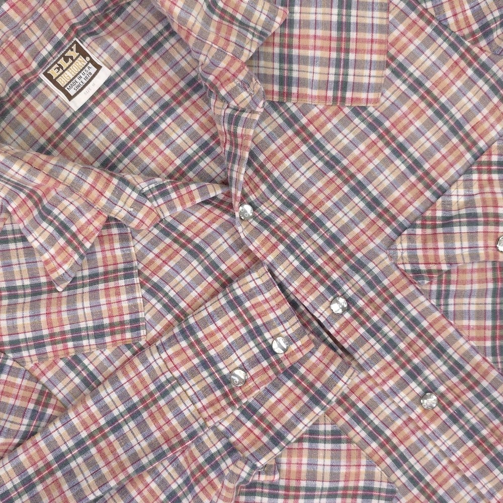 Ely Big Horn Shirt Mens Medium Plaid Long Sleeve Western Pearl Snap USA Rancher